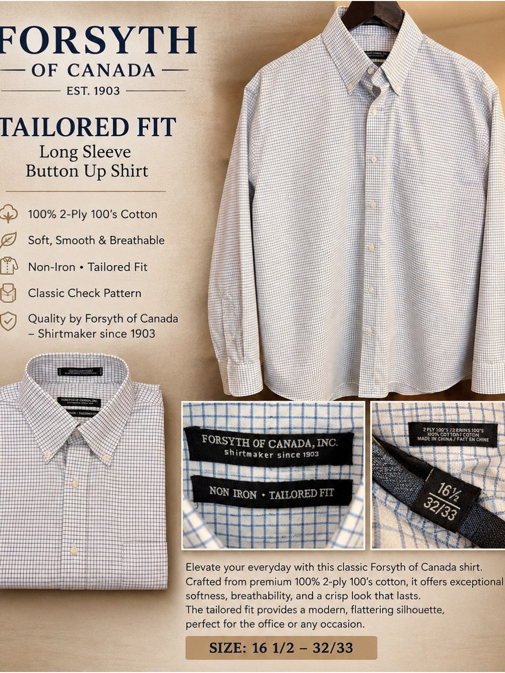 Forsyth of Canada Tailored Fit Long-Sleeve Dress Shirt - White with Blue Check